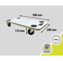 Přepravní kolečka na nábytek o rozměrech 590 mm x 290 mm, výšce 115 mm a maximální nosnosti 200 kg.