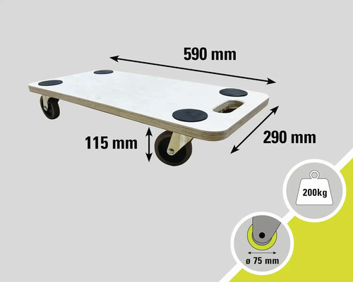 Přepravní kolečka na nábytek o rozměrech 590 mm x 290 mm, výšce 115 mm a maximální nosnosti 200 kg.