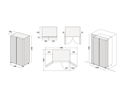 Technický nákres chladničky s rozměry