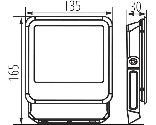 Technický výkres reflektoru s rozměry 135, 165 a 30 milimetrů.