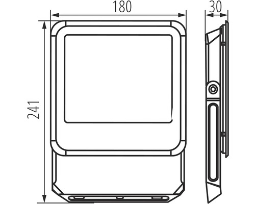 Technický nákres LED reflektoru o rozměrech 180 x 241 x 30 milimetrů.