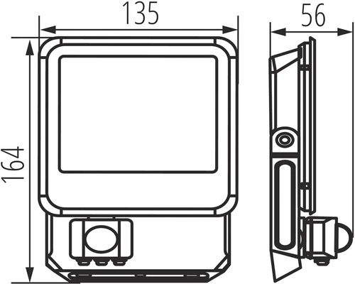 Technický nákres reflektoru s rozměry v milimetrech.