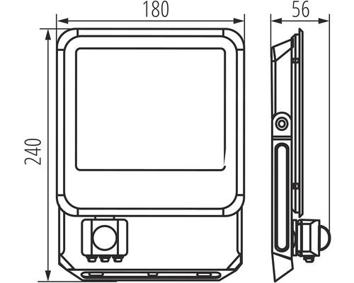 Technický výkres venkovního reflektoru s rozměry.