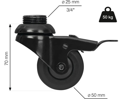 Nábytkové kolečko se závitem, průměr 50 milimetrů, nosnost 50 kilogramů