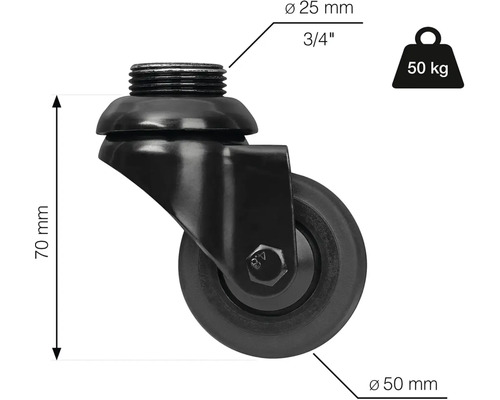 Otočné kolečko se závitem, průměr 50 mm, nosnost 50 kg