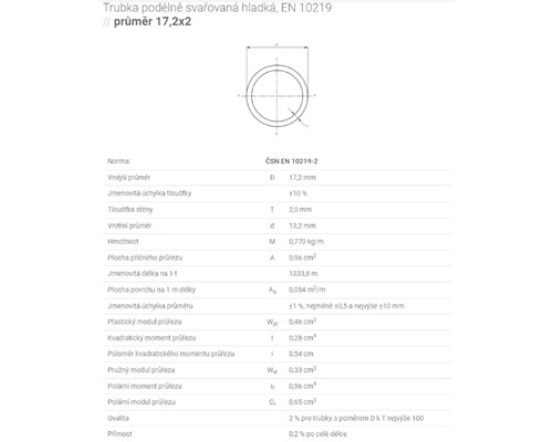 Technické specifikace pro podélně svařovanou hladkou trubku dle EN 10219 o průměru 17,2x2 mm.