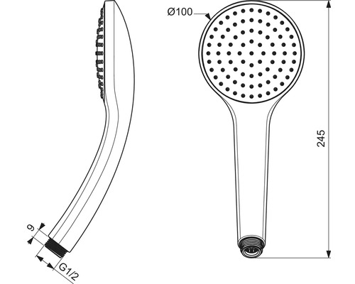 Technický výkres ruční sprchy s rozměry