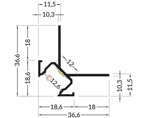Technický nákres hliníkového profilu s rozměry