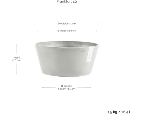 Květináč Frankfurt 40 o rozměrech: výška 17,8 cm, vnější průměr 41 cm, vnitřní průměr 38,8 cm, vnější průměr dna 31,5 cm, hmotnost 1,5 kg a objem 16,4 litru.