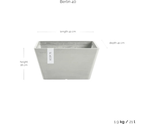 Čtvercový květináč Berlin 40, délka 41 centimetrů, hloubka 41 centimetrů, výška 18 centimetrů