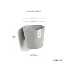 Nástěnný květináč Amsterdam 20 o rozměrech výška 17,5 cm, vnější průměr 21,8 cm, vnitřní průměr 17,3 cm, vnější průměr dna 14,8 cm a hmotnost 0,85 kg při objemu 4 litry.