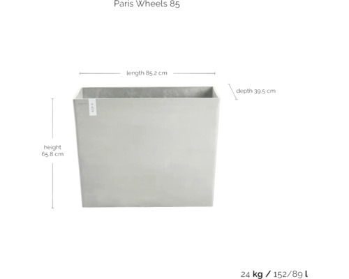 Obdélníkový květináč o rozměrech 85,2 cm délka, 39,5 cm hloubka a 65,8 cm výška.