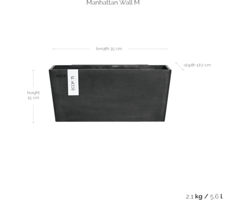 Květináč Manhattan Wall M o rozměrech výška 15 cm, délka 35 cm a hloubka 17,2 cm.