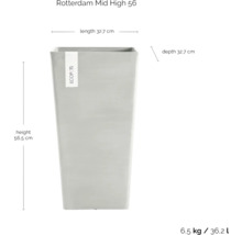 Obrázek čtvercového květináče s rozměry výška 56,5 cm, délka 32,7 cm a hloubka 32,7 cm.
