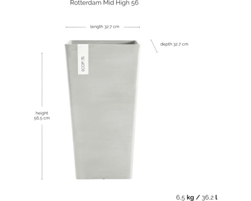 Obrázek čtvercového květináče s rozměry výška 56,5 cm, délka 32,7 cm a hloubka 32,7 cm.