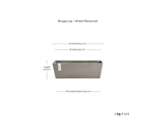 Šedý obdélníkový květináč Bruges 55 s nádržkou na vodu a údaji o velikosti