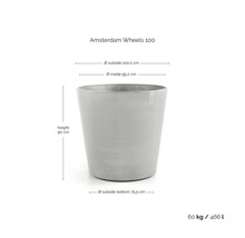 Květináč Amsterdam Wheels 100 o rozměrech: výška 90 cm, vnější průměr nahoře 100,2 cm, vnitřní průměr nahoře 95,2 cm, vnější průměr dole 75,5 cm, hmotnost 60 kg, objem 466 litrů.