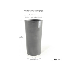 Vysoký šedý květináč o rozměrech 90 cm výška, 50 cm vnější průměr a 36,6 cm průměr dna.