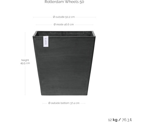 Květináč Rotterdam Wheels 50 s rozměry