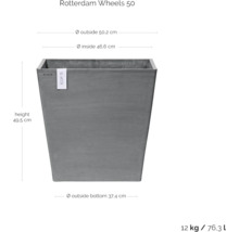 Šedý květináč Rotterdam Wheels 50 o rozměrech výška 49,5 cm, průměr horní vnější 50,2 cm, průměr horní vnitřní 46,6 cm a průměr dolní vnější 37,4 cm.
