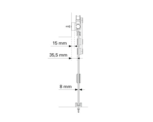 Technický výkres upevňovacího systému s rozměry 15 mm, 35,5 mm a 8 mm.