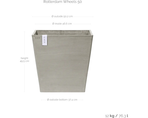 Květináč Rotterdam Wheels 50 s uvedením rozměrů