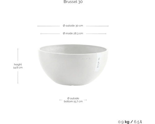 Květináč Brusel 30 o rozměrech vnější průměr 30 cm, vnitřní průměr 28,3 cm, výška 14,8 cm a průměr dna 15,7 cm