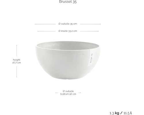 Květináč Brusel 35 o rozměrech výška 16,7 cm, vnější průměr 35 cm, vnitřní průměr 33,2 cm, vnější průměr dna 18 cm