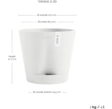 Květináč s rozměry výška 17,7 cm, vnější průměr 20,1 cm, vnitřní průměr 18,3 cm a vnější průměr dna 14,5 cm.