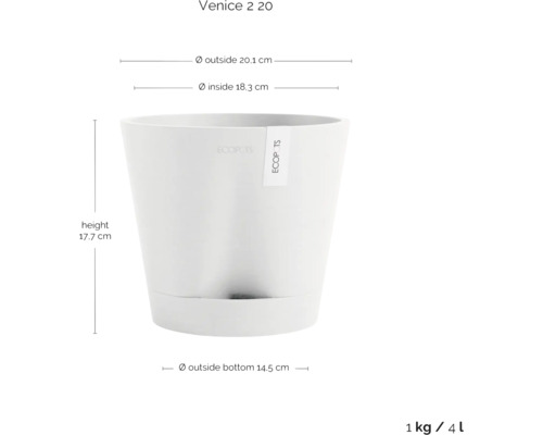 Květináč s rozměry výška 17,7 cm, vnější průměr 20,1 cm, vnitřní průměr 18,3 cm a vnější průměr dna 14,5 cm.