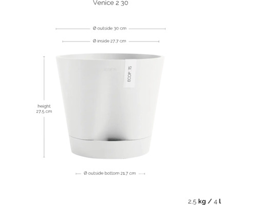 Květináč Venice 2 30 o rozměrech výška 27,5 cm, vnější průměr 30 cm, vnitřní průměr 27,7 cm a vnější průměr dna 21,7 cm