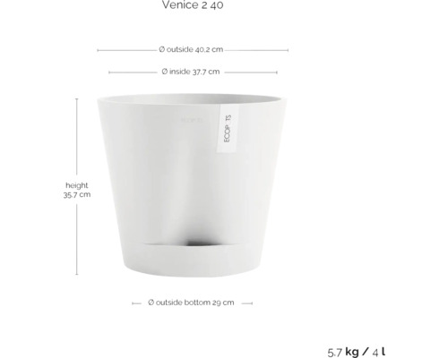 Květináč Benátky 2 40 o rozměrech výška 35,7 cm, vnější průměr 40,2 cm a vnitřní průměr 37,7 cm