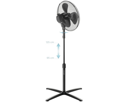 Otočný ventilátor s nastavitelnou výškou od 95 cm do 125 cm.