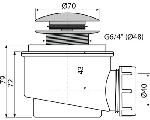 Technický nákres výpustného ventilu s rozměry průměr 70, G 6/4 palce, průměr 48, výška 79, výška 72, výška 43 a průměr 40.