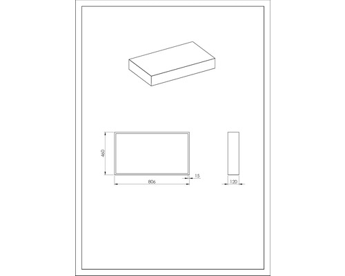 Technický nákres zrcadla o rozměrech 806 x 460 x 120 mm