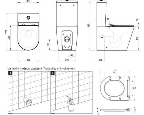 Technický nákres stojící toalety s rozměry a variantami instalace