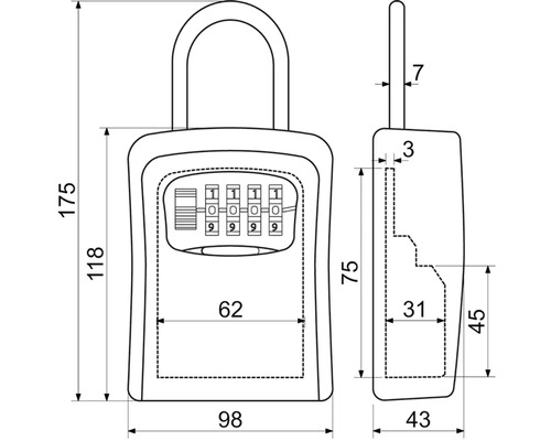 Technický nákres schránky na klíče s číselným zámkem a rozměry