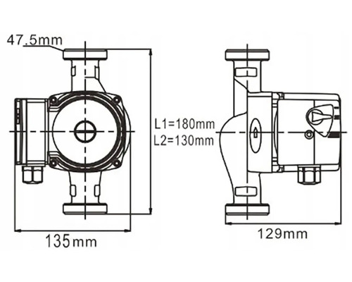 Rozměry topného čerpadla s 47,5 milimetry, 180 milimetry, 130 milimetry, 135 milimetry a 129 milimetry