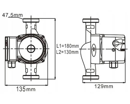 Technický výkres topného čerpadla s rozměry