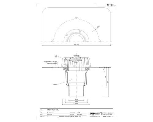 Technický výkres střešního vpusti z polyamidu s rozměry