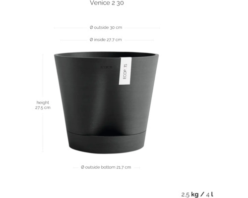 Černý plastový květináč o rozměrech výška 27,5 cm, vnější průměr 30 cm a průměr dna 21,7 cm.