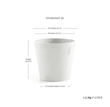 Květináč Amsterdam 30, výška 25,4 cm, vnější průměr nahoře 30 cm, vnitřní průměr nahoře 27,3 cm, vnější průměr dole 22 cm, hmotnost 1,55 kg, objem 12,8 litru
