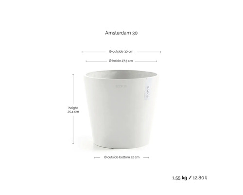 Květináč Amsterdam 30, výška 25,4 cm, vnější průměr nahoře 30 cm, vnitřní průměr nahoře 27,3 cm, vnější průměr dole 22 cm, hmotnost 1,55 kg, objem 12,8 litru