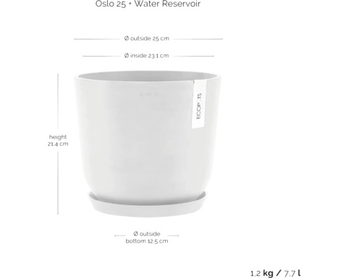 Květináč Oslo 25 s nádržkou na vodu a rozměry výška 21,4 cm, vnější průměr 25 cm, vnitřní průměr 23,1 cm, vnější průměr dna 12,5 cm