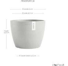 Květináč Stockholm 31 o rozměrech výška 23,5 cm, vnější průměr 31 cm a vnitřní průměr 28,7 cm