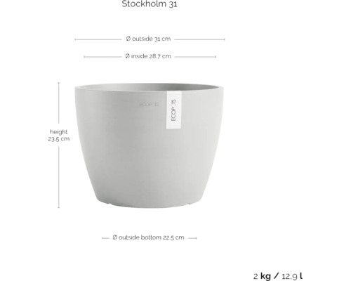 Květináč Stockholm 31 o rozměrech výška 23,5 cm, vnější průměr 31 cm a vnitřní průměr 28,7 cm