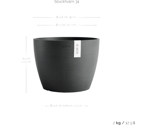 Květináč Stockholm 31 o rozměrech vnější průměr 31 centimetrů, vnitřní průměr 28,7 centimetrů a výška 23,5 centimetrů