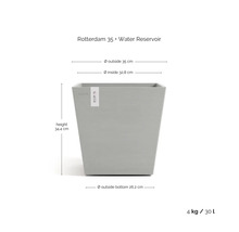 Květináč Rotterdam s nádrží na vodu, rozměry: výška 34,4 cm, vnější průměr 35 cm, vnitřní průměr 32,8 cm, průměr dna 26,2 cm, hmotnost 4 kg, objem 30 litrů