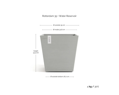 Květináč Rotterdam s nádrží na vodu, rozměry: výška 34,4 cm, vnější průměr 35 cm, vnitřní průměr 32,8 cm, průměr dna 26,2 cm, hmotnost 4 kg, objem 30 litrů