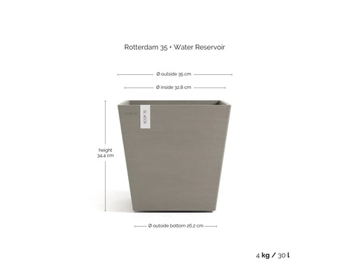 Květináč Rotterdam 35 s nádrží na vodu, zobrazené rozměry